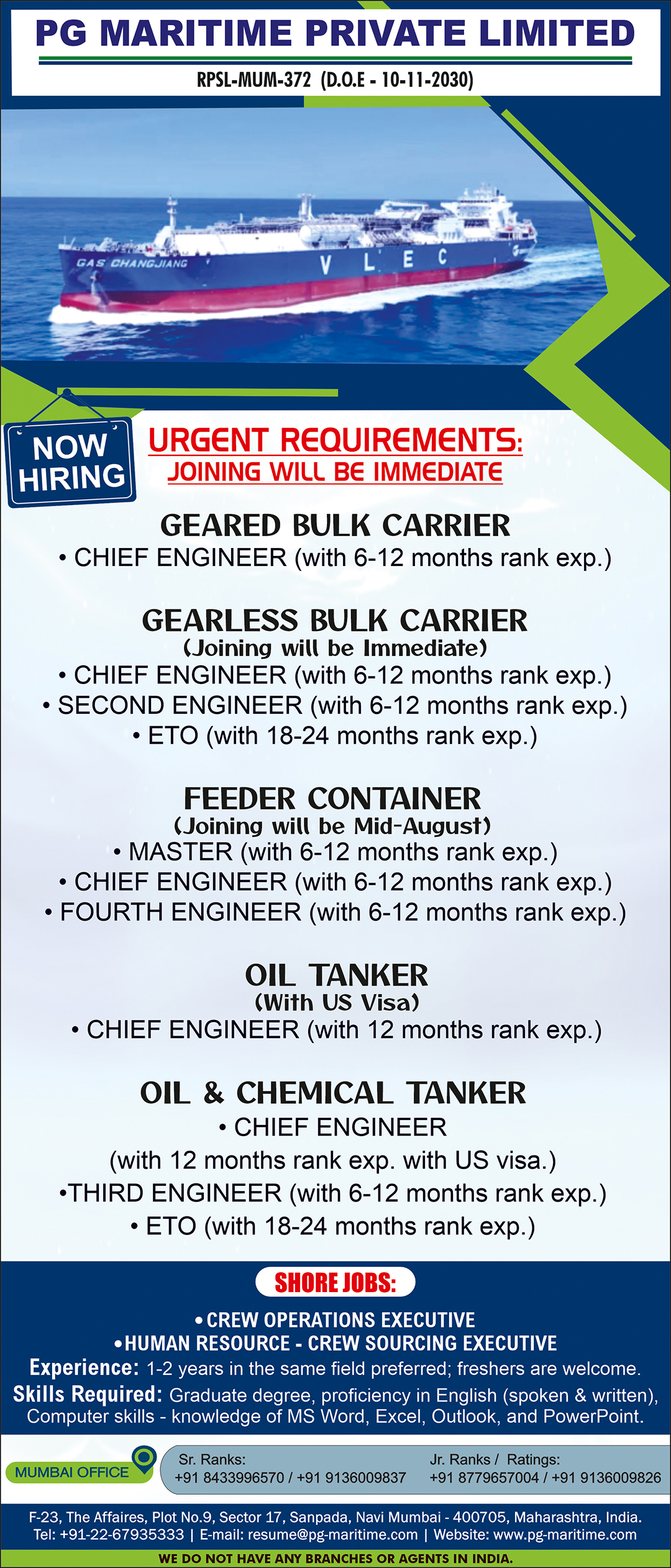 PG Maritime Pvt Limited vacancies
