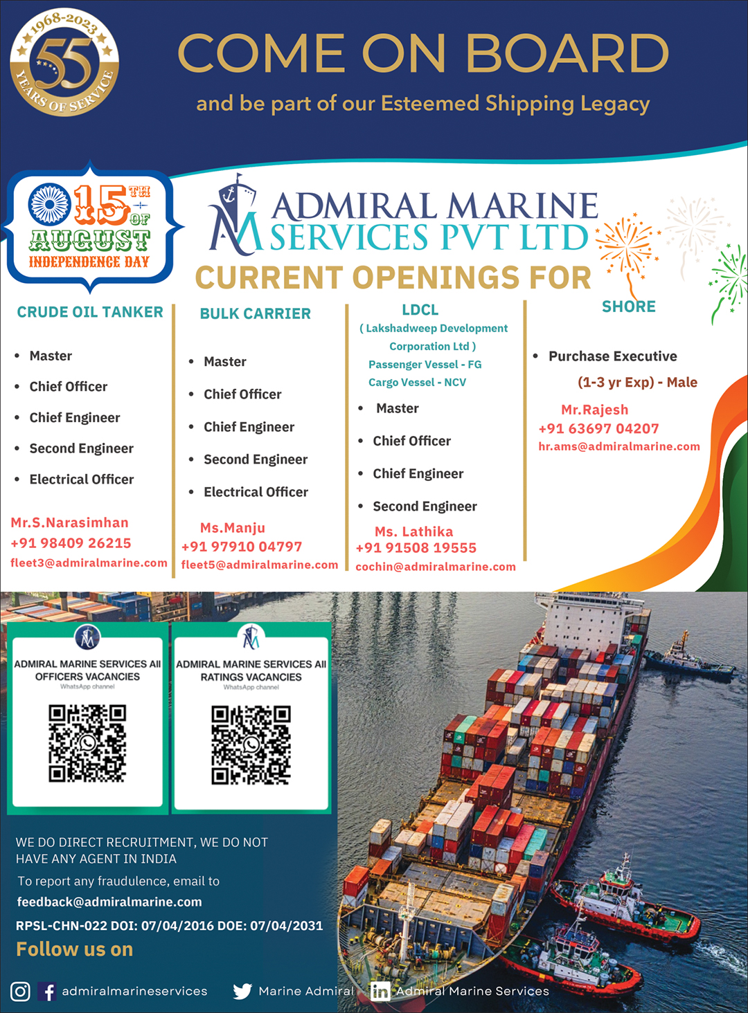 Admiral Marine Services Pvt.ltd vacancies