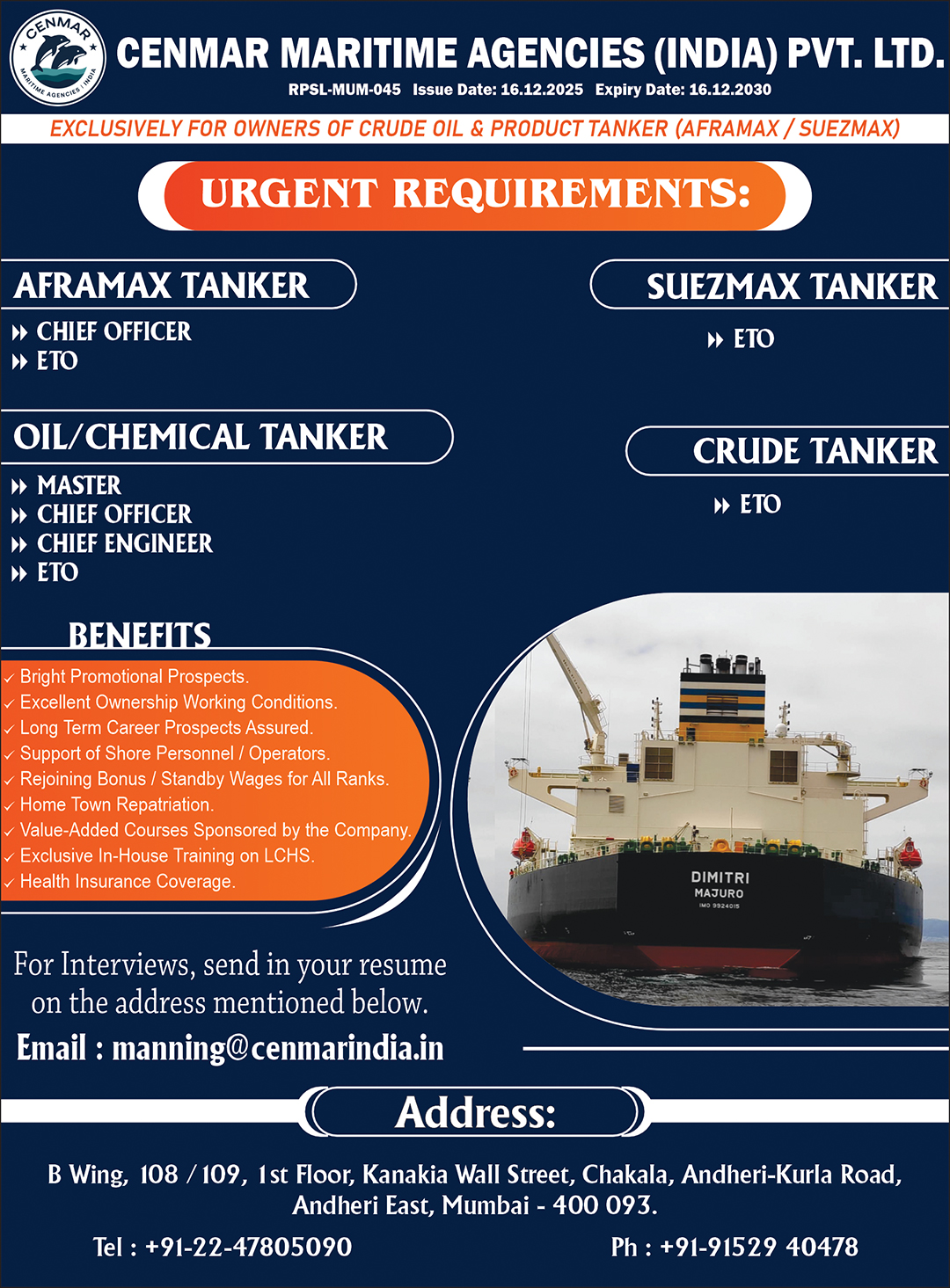 Cenmar Maritime Agencies (india) Pvt. Ltd. vacancies