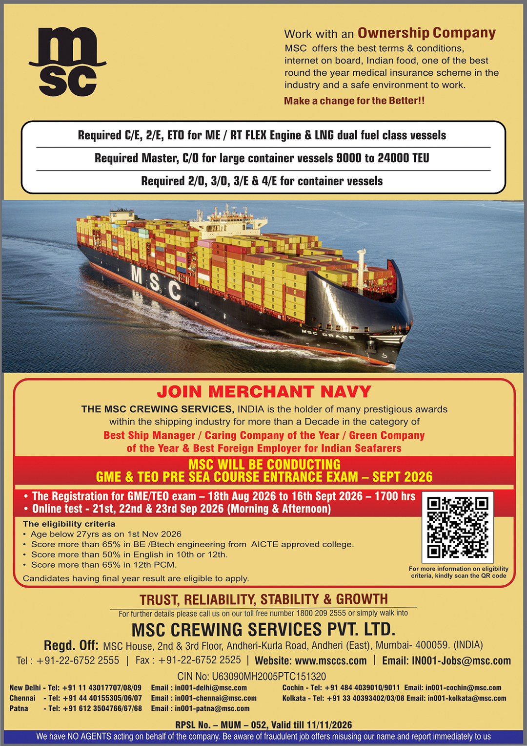 MSC Crewing Services Private Limited. vacancies