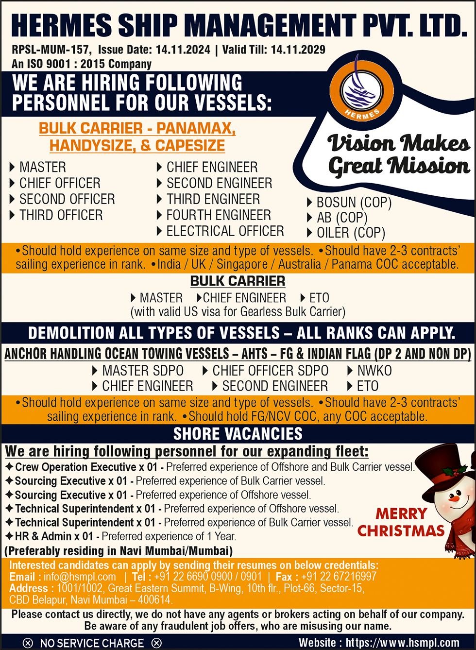 Hermes Ship Management Pvt Ltd., vacancies