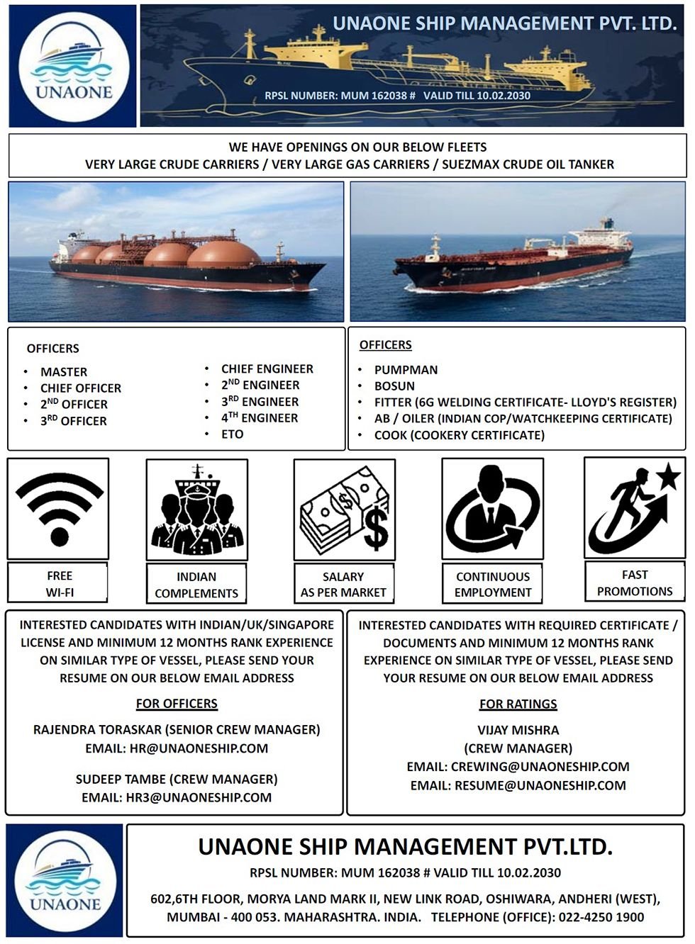 Unaone Ship Management Pvt. Ltd. vacancies