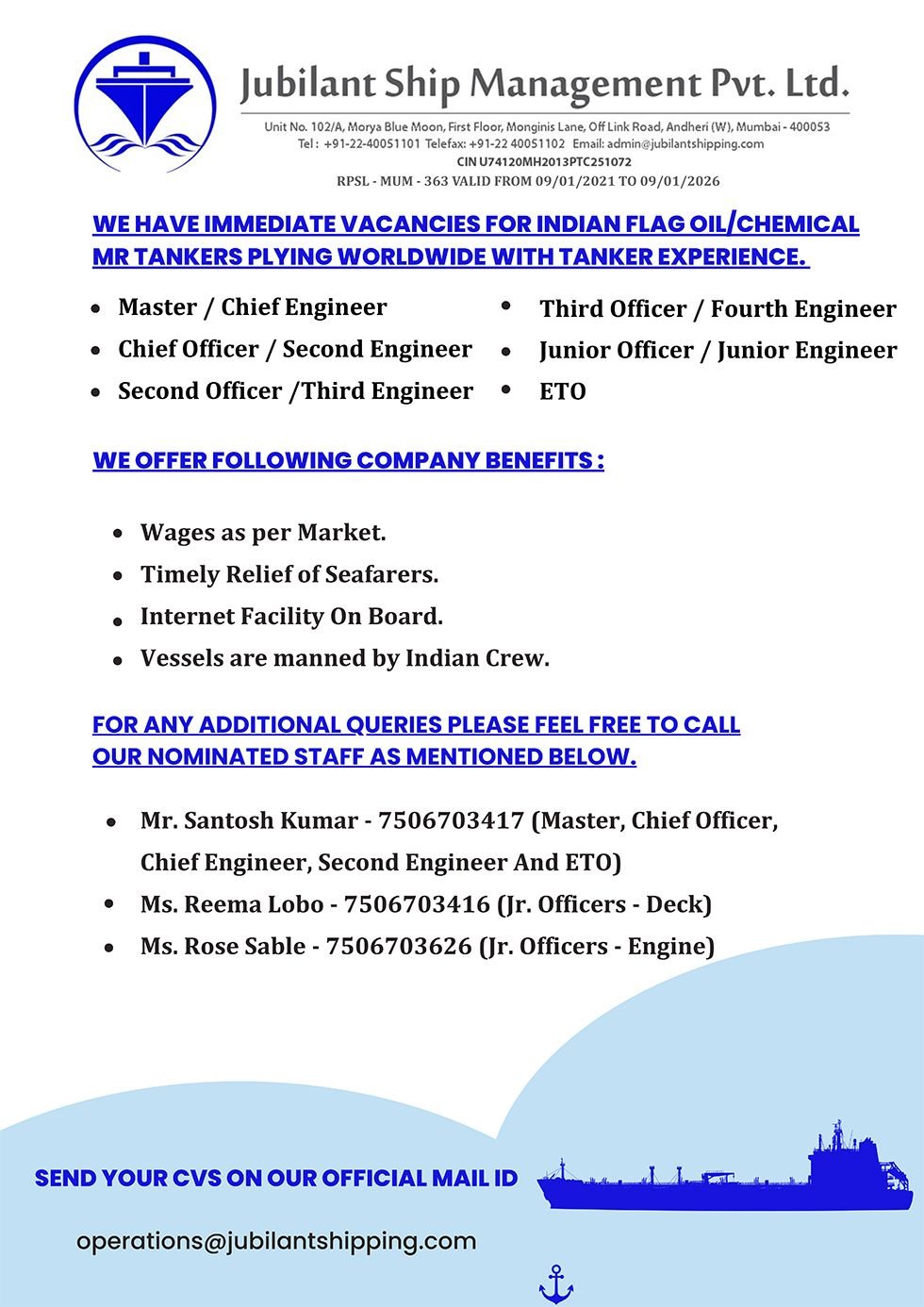 Jubilant Ship Management Private Limited. vacancies