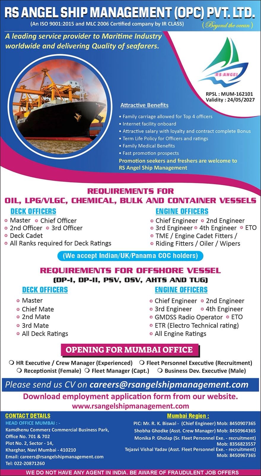 RS Angel Ship Management OPC Private Limited vacancies